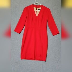 NYJD red v-neck 3/4 sleeved midi dress. Zip back. Slit. Layered slip. Size 6
